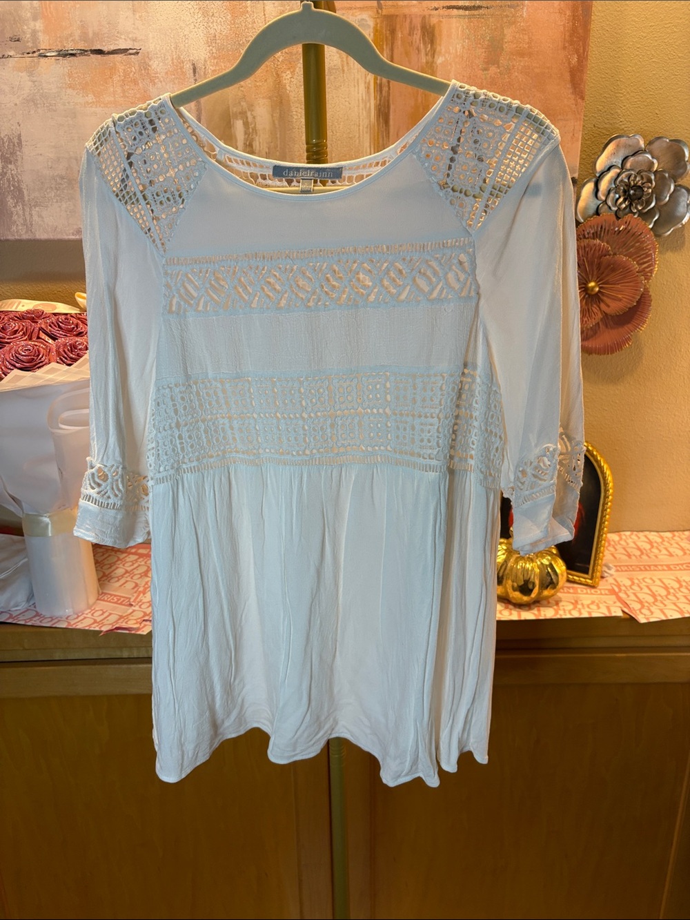 Daniel Rainn Cream Crochet Panel Boho Tunic Top
